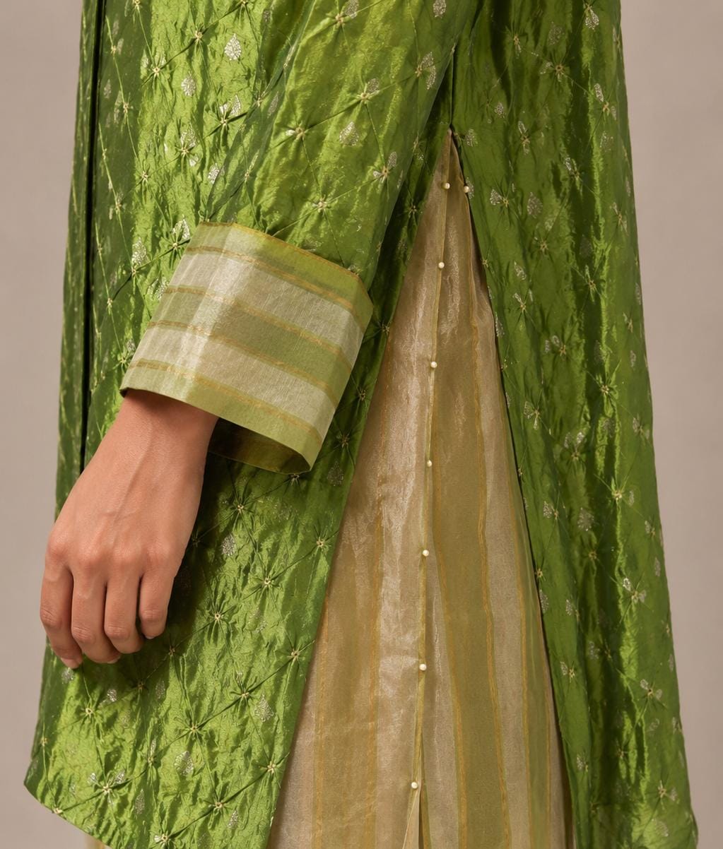 Green Bandhani Silk Benarasi Panel Shirt & Pants