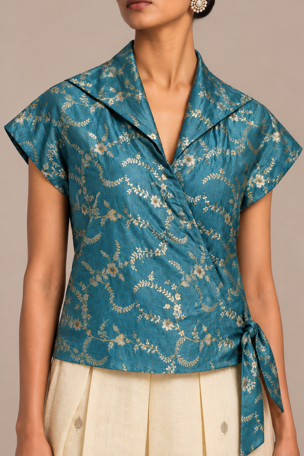 Teal Blue Floral Wrap Top & Dhoti Pants