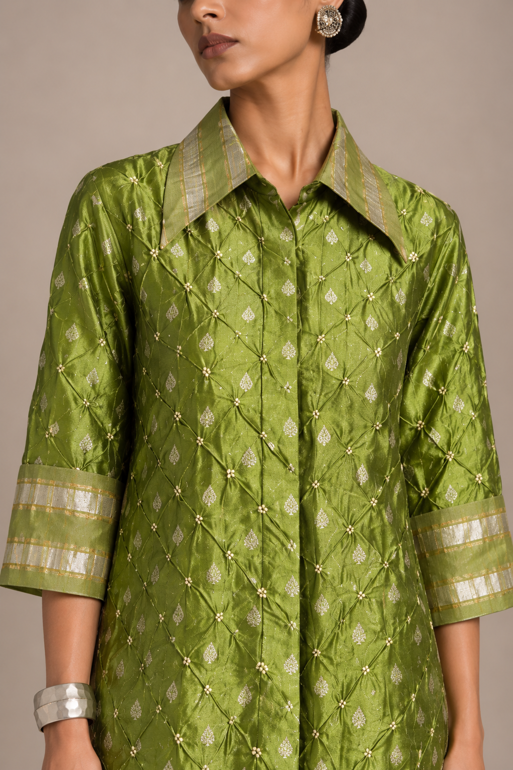 Green Bandhani Silk Benarasi Panel Shirt & Pants
