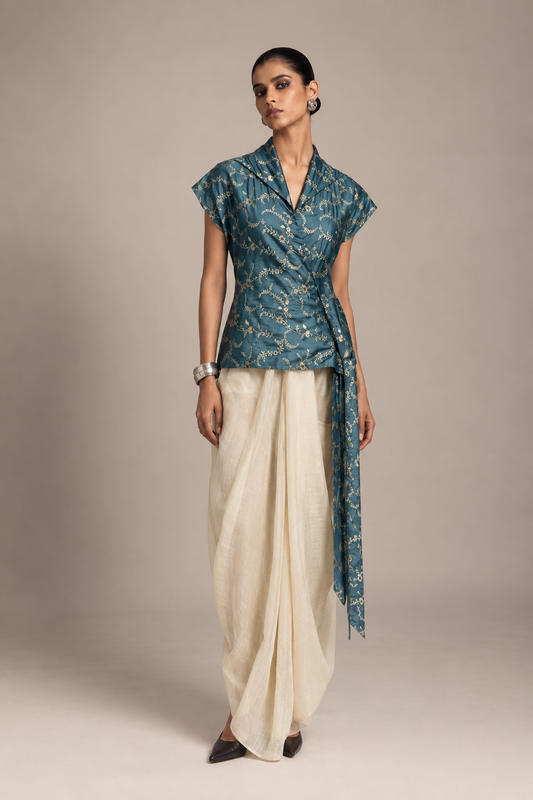 Teal Blue Floral Wrap Top & Dhoti Pants