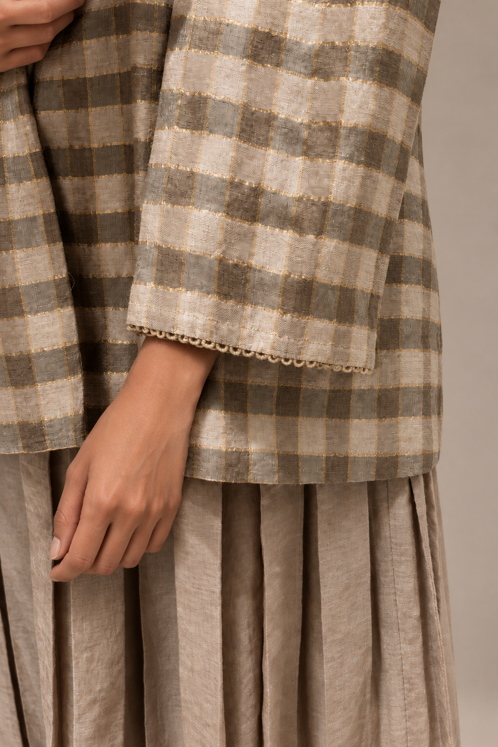 Beige Gold Checks Blazer & Skirt