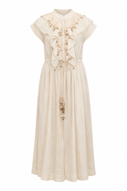 Ivory Flounce Crushed Drawstring Dress