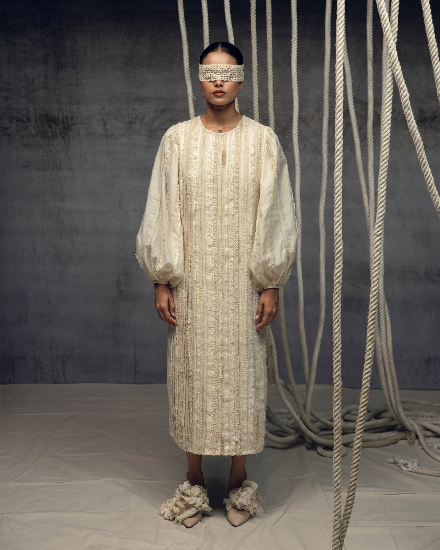 Ivory Khadi Silk Fringing Column Dress