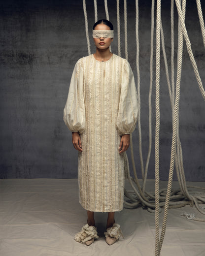Ivory Khadi Silk Fringing Column Dress