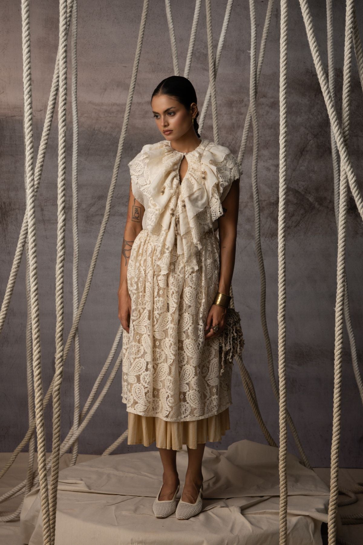 Ivory Lace Overlay Stripe Skirt