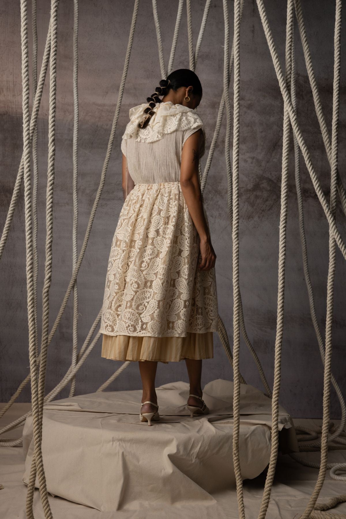 Ivory Lace Overlay Stripe Skirt