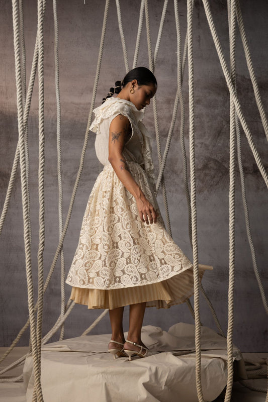 Ivory Lace Overlay Stripe Skirt