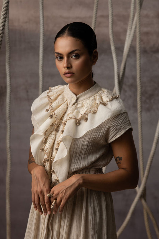 Ivory Flounce Crushed Drawstring Dress