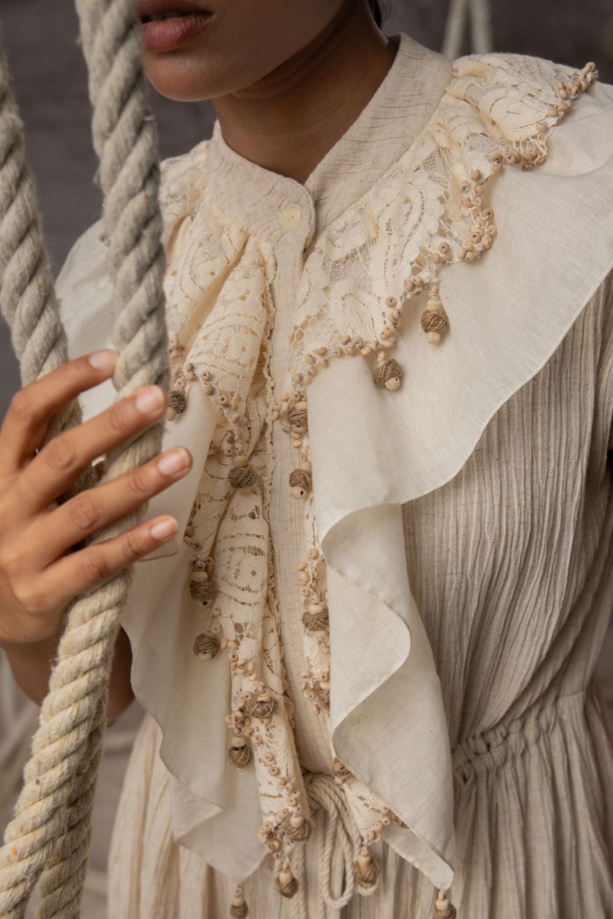 Ivory Flounce Crushed Drawstring Dress