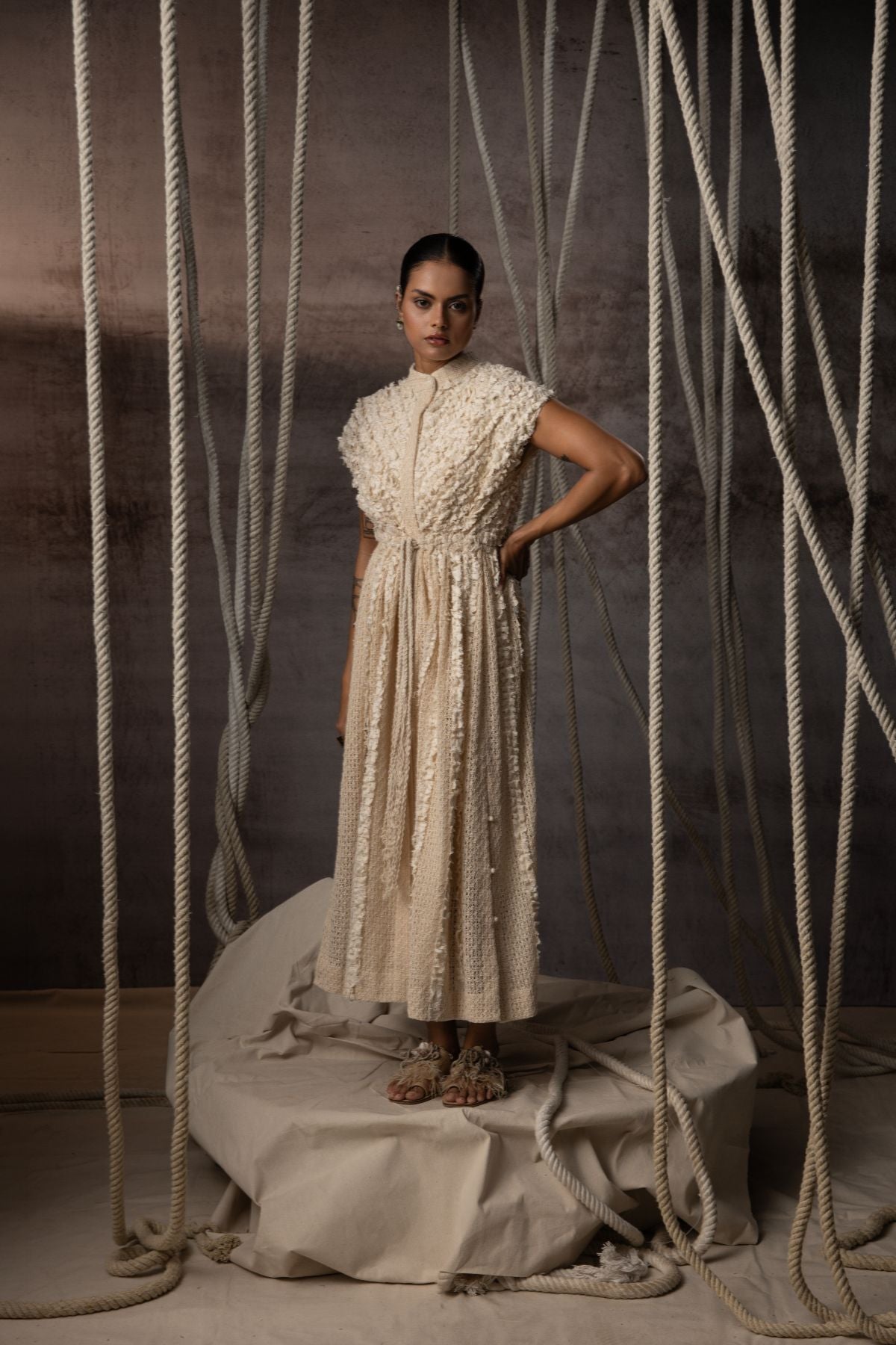Ivory Lace Ruched Cotton Net Drawstring Dress