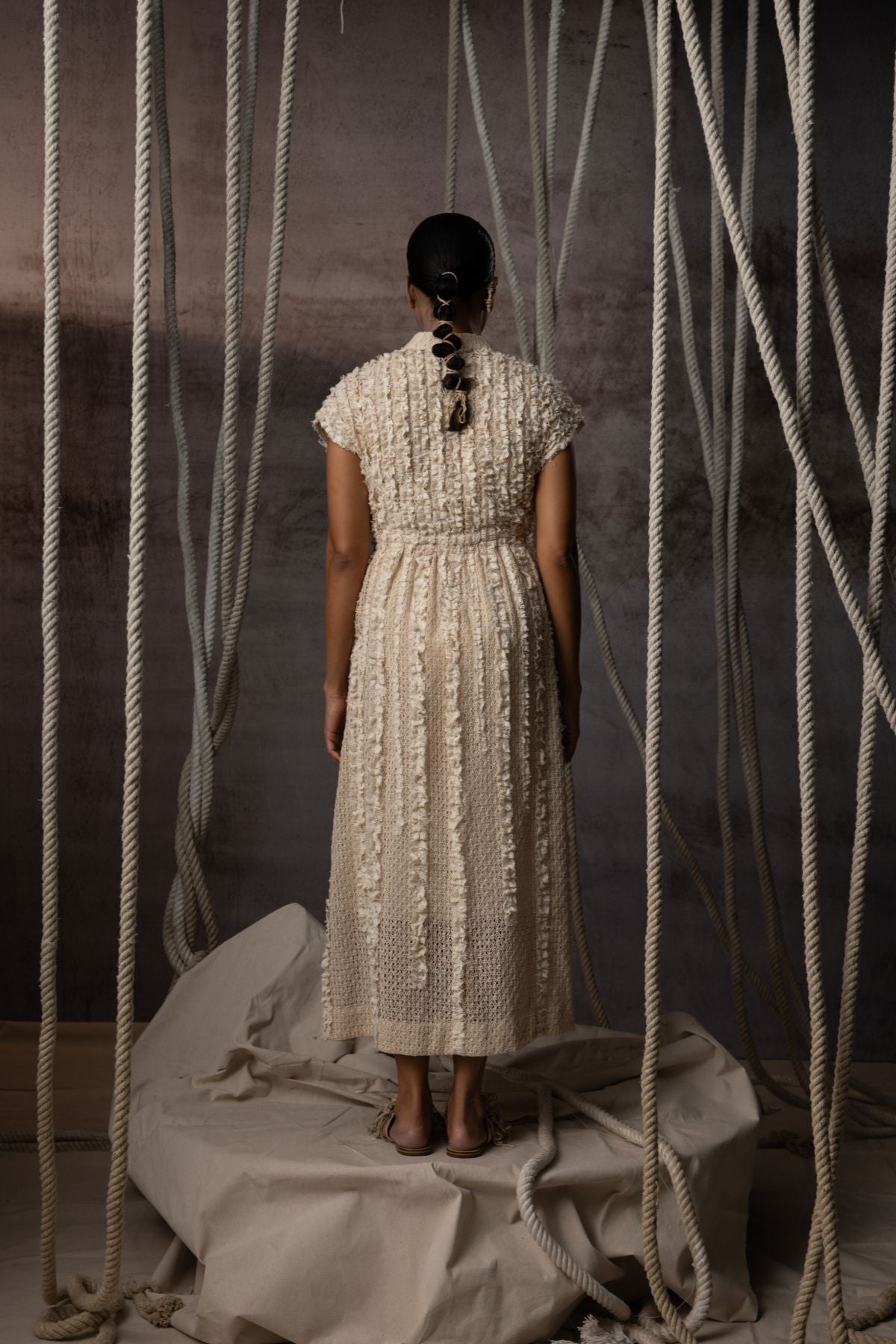 Ivory Lace Ruched Cotton Net Drawstring Dress
