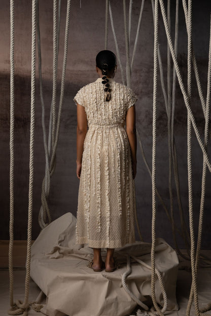 Ivory Lace Ruched Cotton Net Drawstring Dress