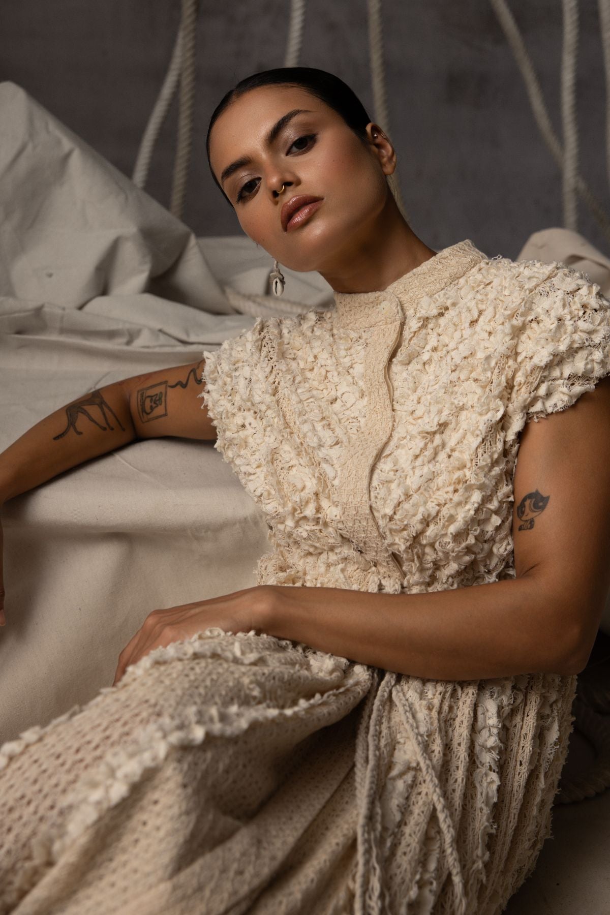 Ivory Lace Ruched Cotton Net Drawstring Dress