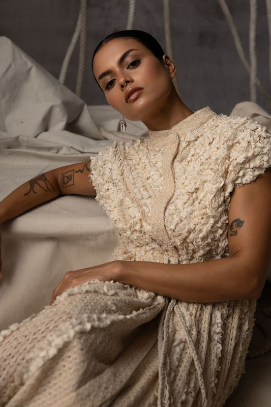Ivory Lace Ruched Cotton Net Drawstring Dress