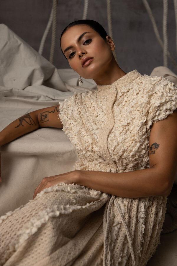 Ivory Lace Ruched Cotton Net Drawstring Dress