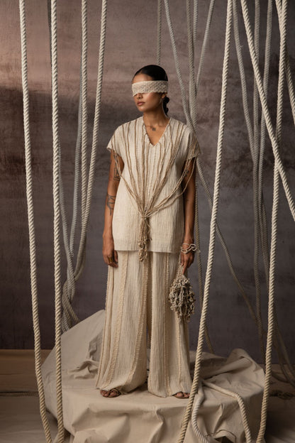 Ivory Crushed Cotton Net Trousers