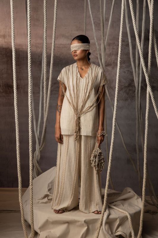 Ivory Crushed Cotton Net Trousers