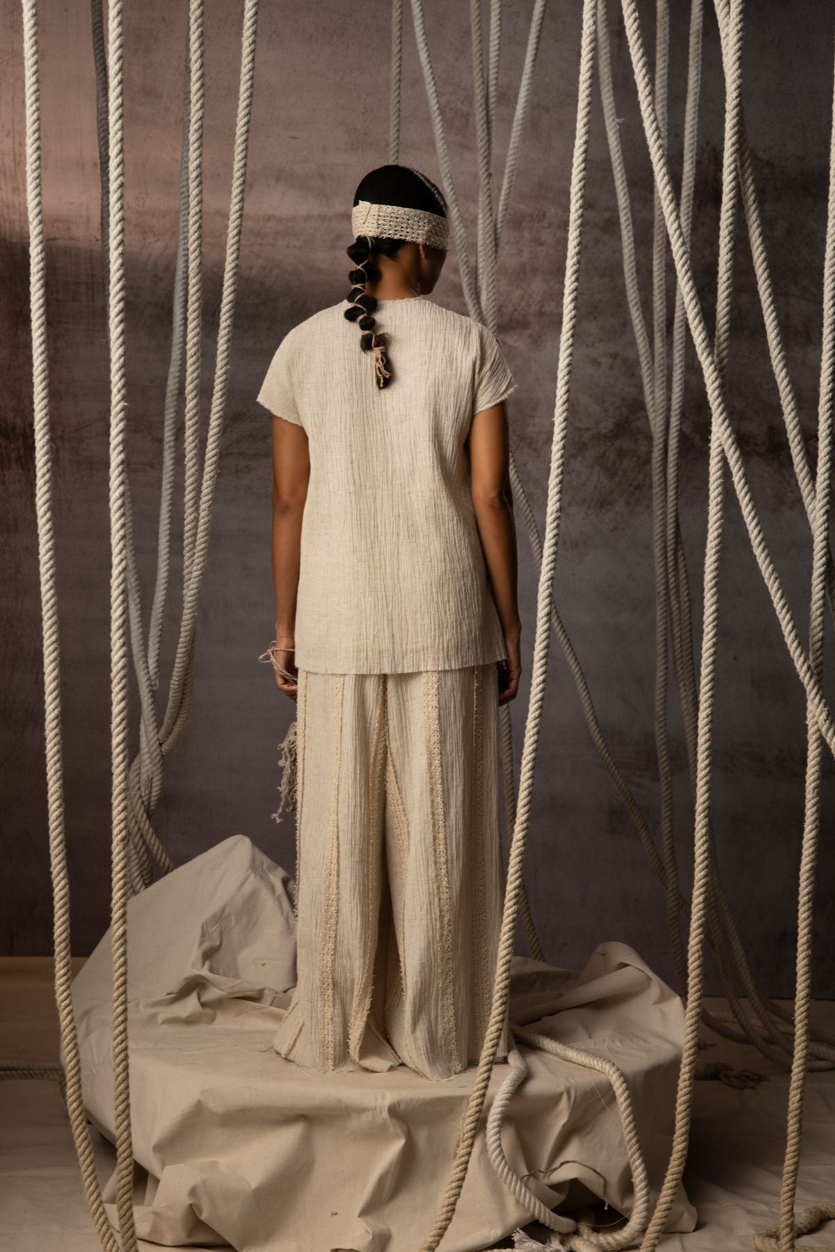 Ivory Crushed Cotton Net Trousers