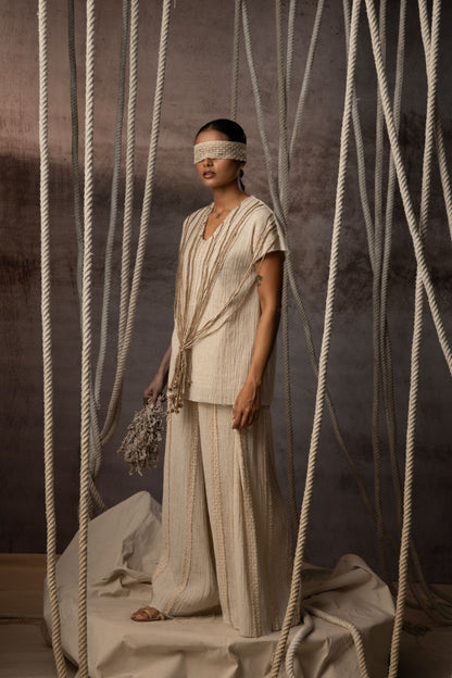 Ivory Crushed Cotton Net Trousers