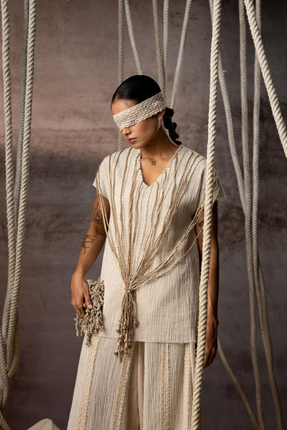 Ivory Crushed Cotton Net Trousers