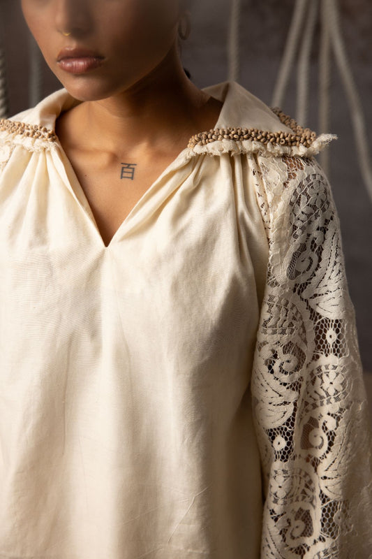 Ivory Khadi Silk Lace hand beaded Top