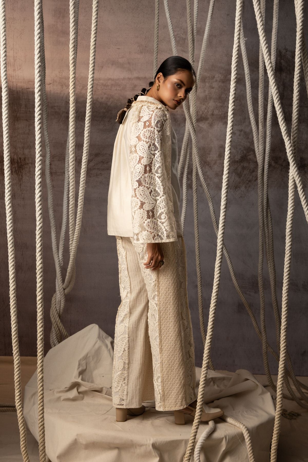 Ivory Khadi Silk Lace hand beaded Top