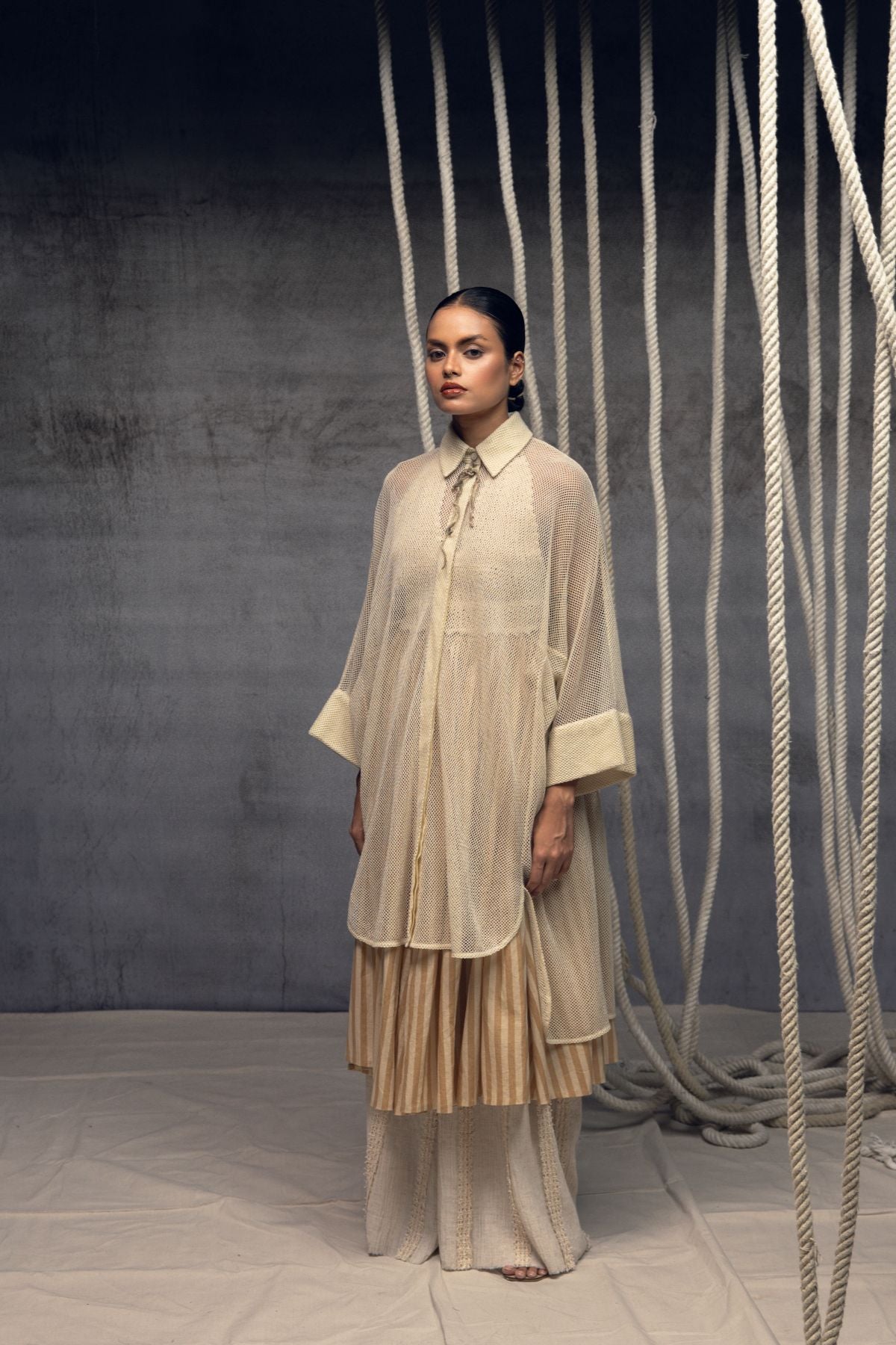 Ivory Open-Mesh Shirt Dress