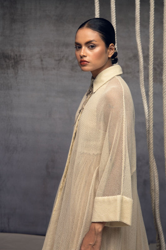 Ivory Open-Mesh Shirt Dress