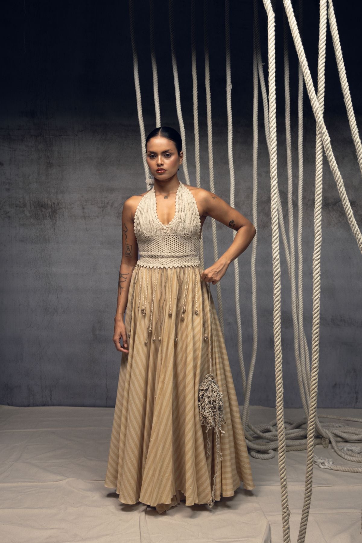 Ivory Crochet Bralette Striped Maxi