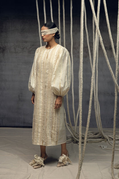 Ivory Khadi Silk Fringing Column Dress