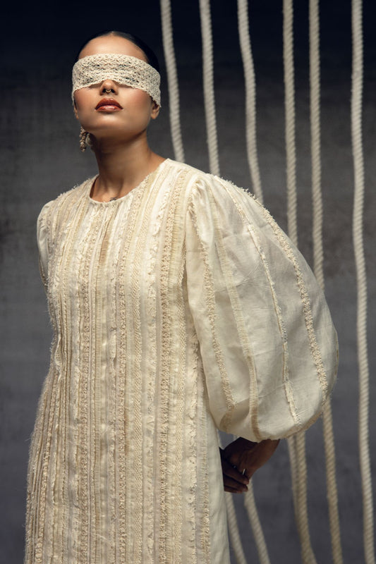 Ivory Khadi Silk Fringing Column Dress