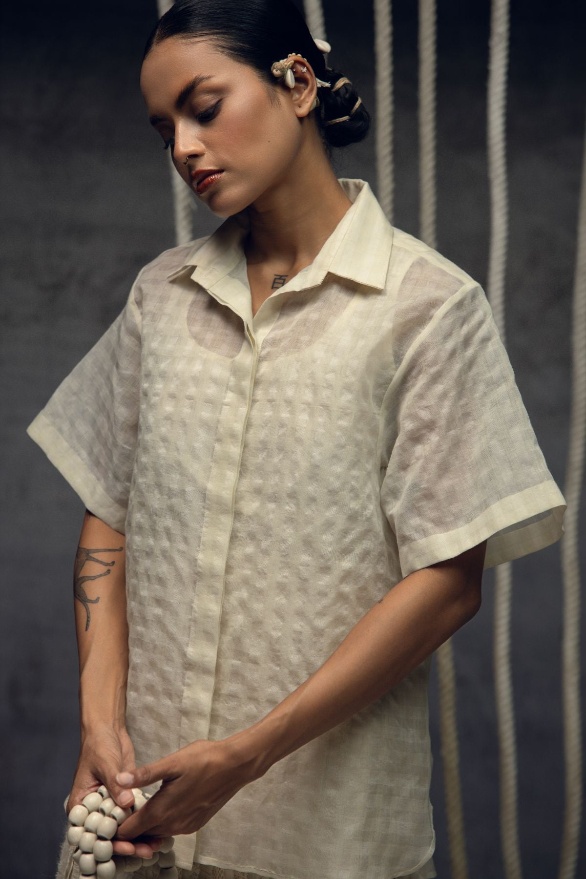 Ivory Khadi Silk Checkered Shirt
