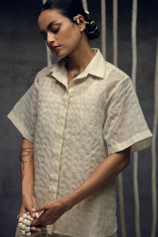 Ivory Khadi Silk Checkered Shirt