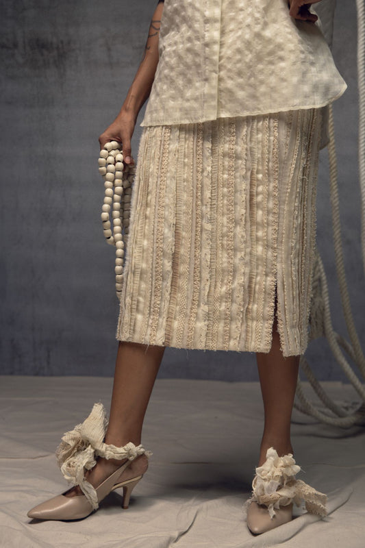 Ivory Khadi Silk Fringing Skirt
