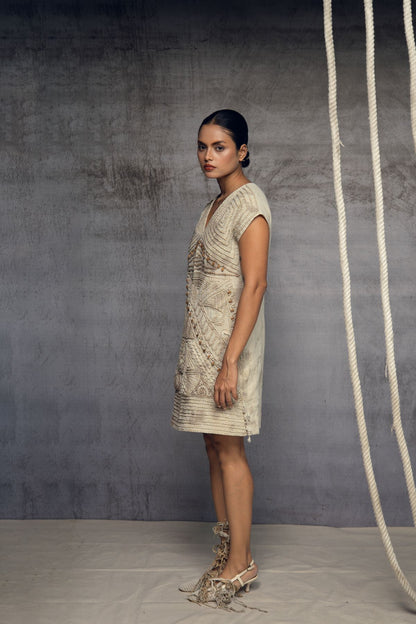 Ivory crushed embroidered short dress