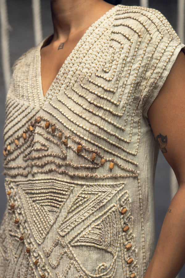 Ivory crushed embroidered short dress