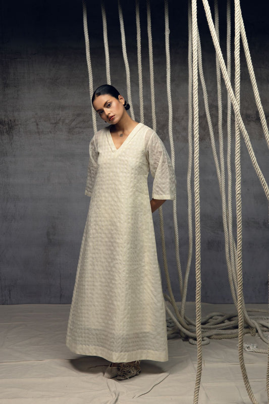 Ivory Khadi Silk Checkered Dress