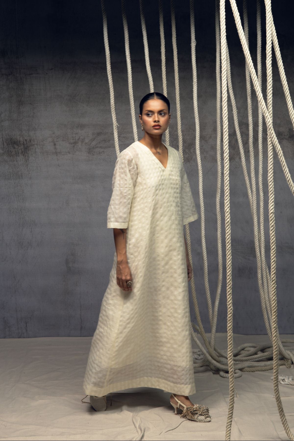 Ivory Khadi Silk Checkered Dress