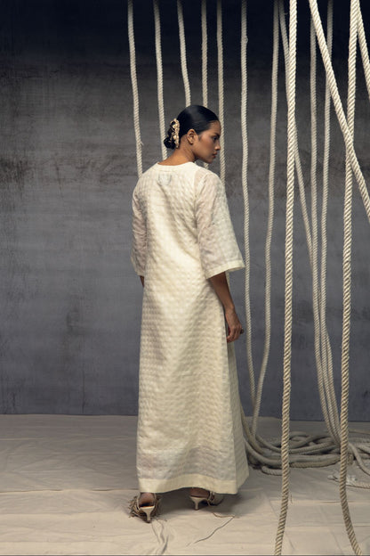 Ivory Khadi Silk Checkered Dress