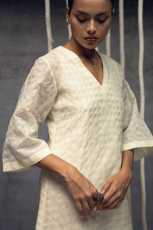 Ivory Khadi Silk Checkered Dress