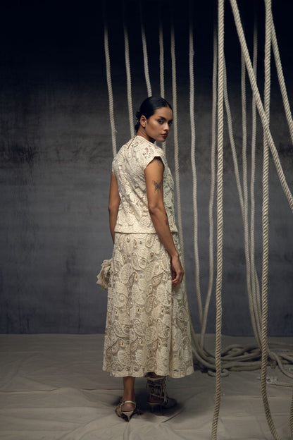 Ivory paisley Lace Embroidered Skirt