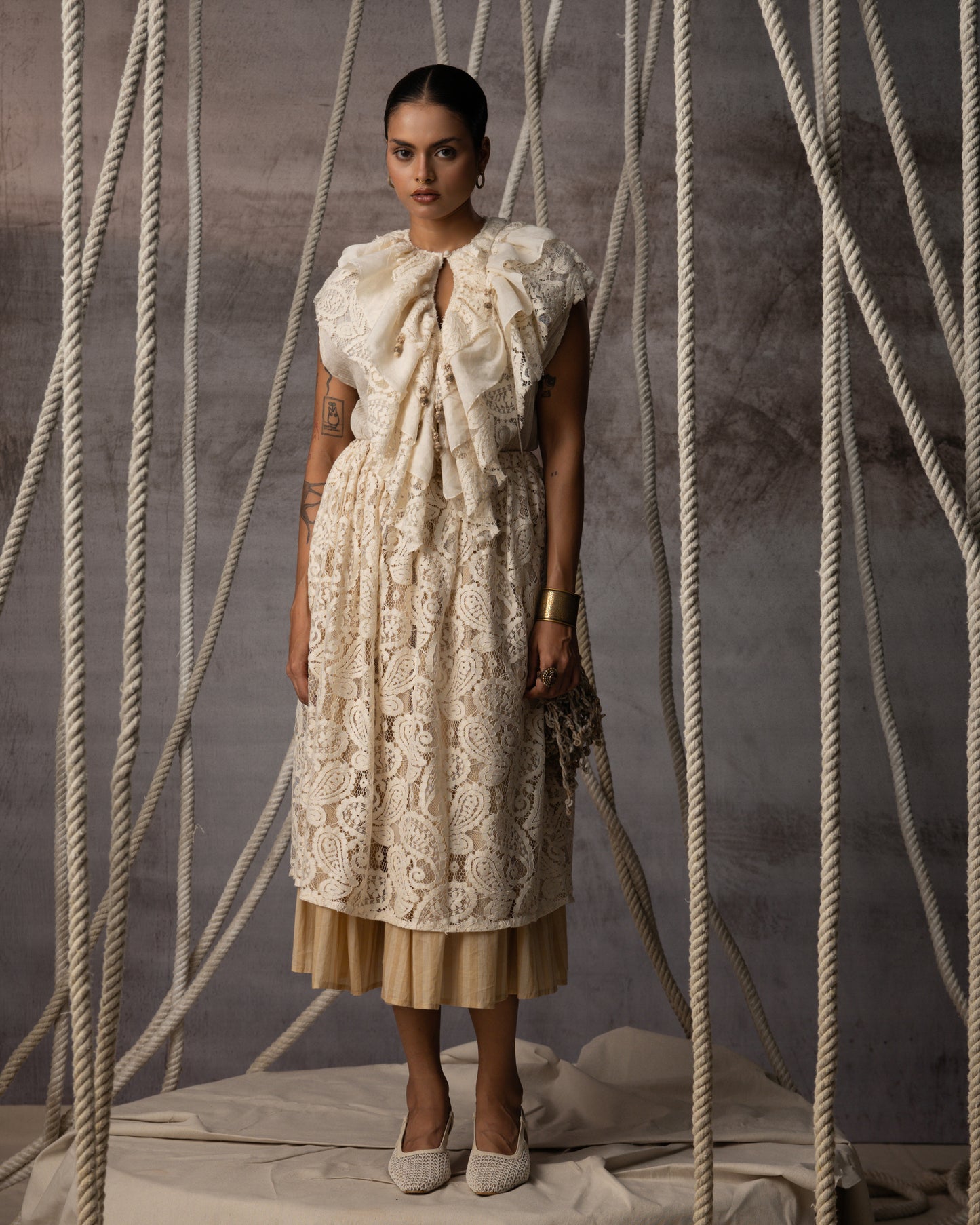 Ivory Lace Overlay Stripe Skirt