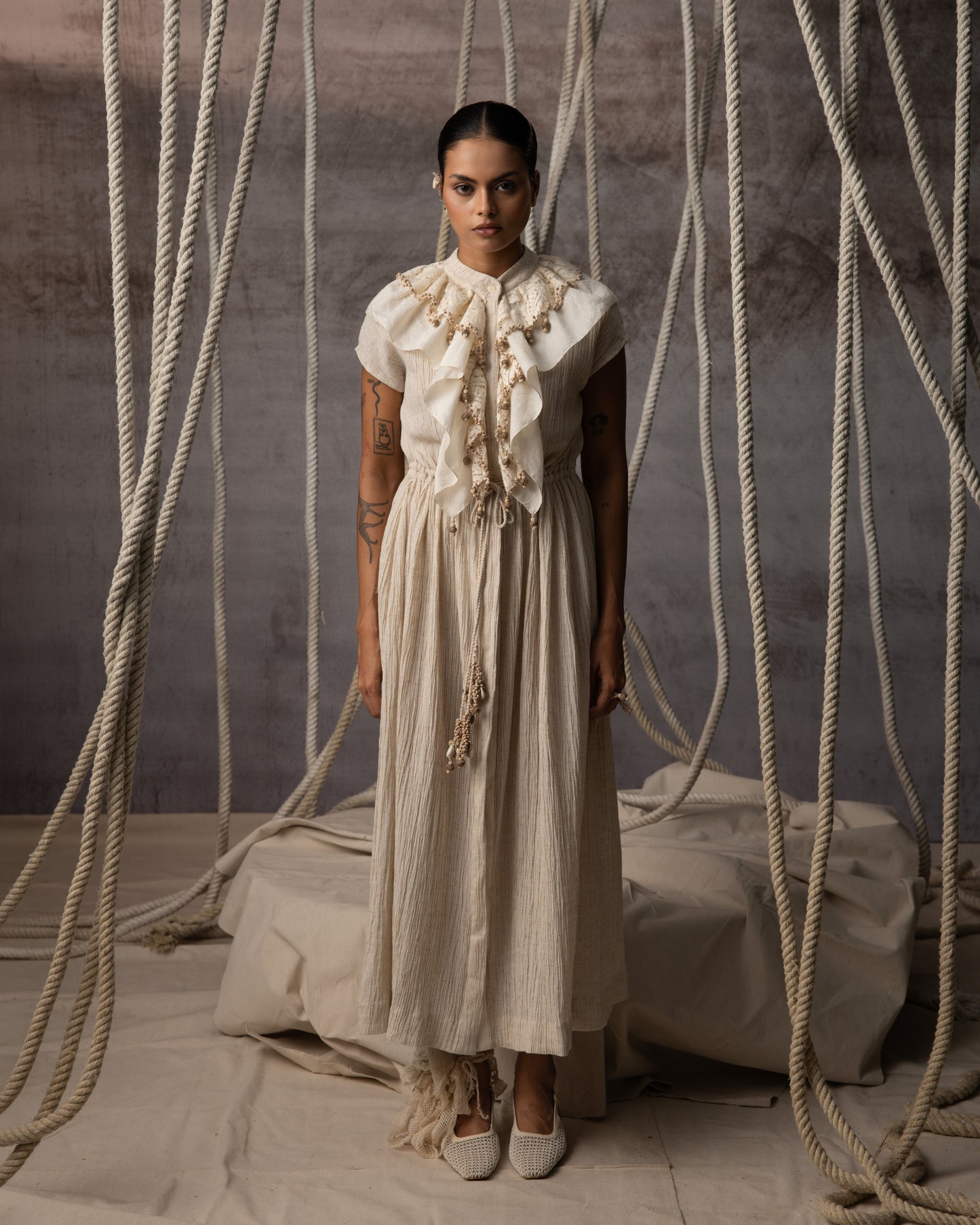 Ivory Flounce Crushed Drawstring Dress