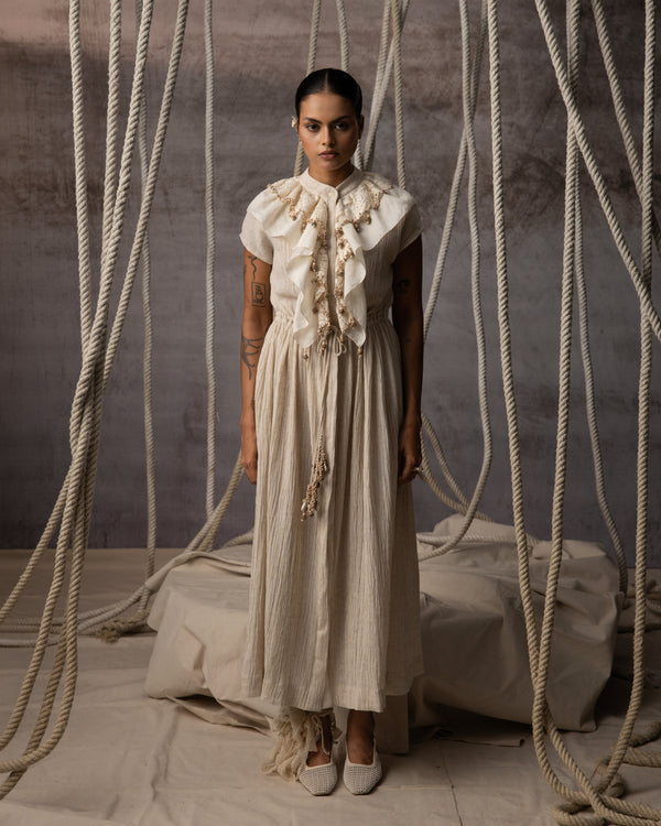 Ivory Flounce Crushed Drawstring Dress