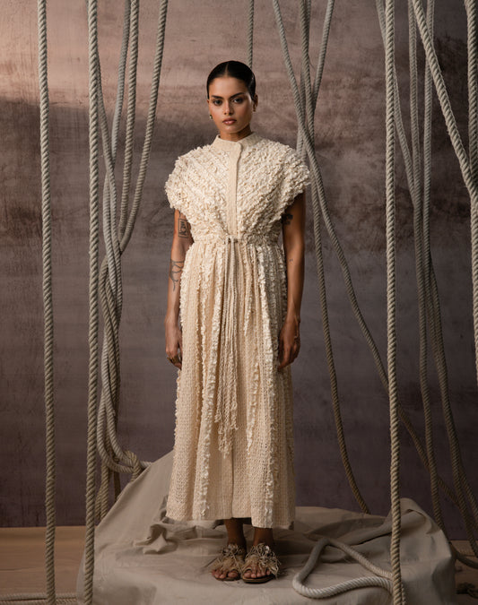 Ivory Lace Ruched Cotton Net Drawstring Dress