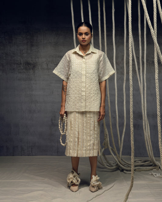 Ivory Khadi Silk Fringing Skirt