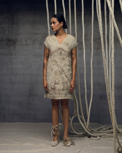 Ivory crushed embroidered short dress