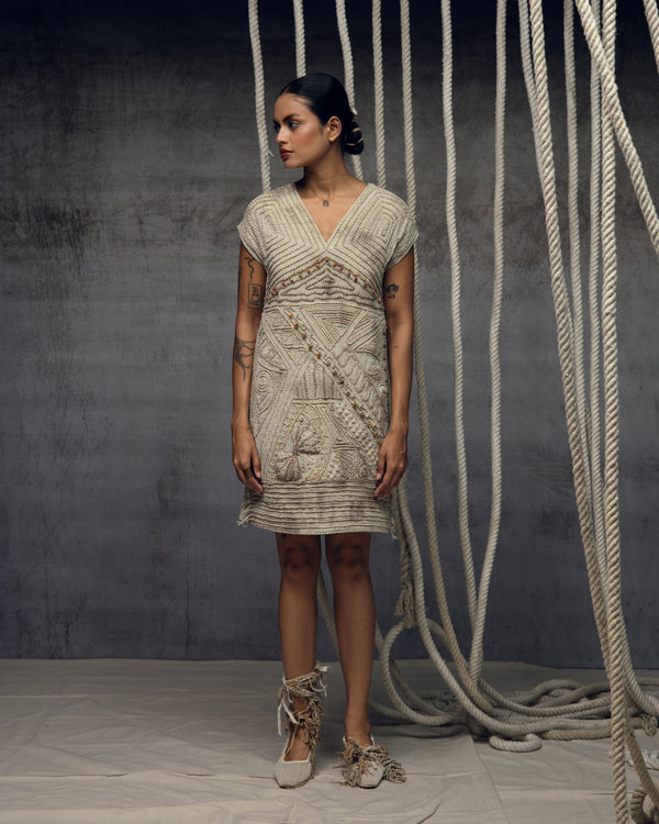 Ivory crushed embroidered short dress
