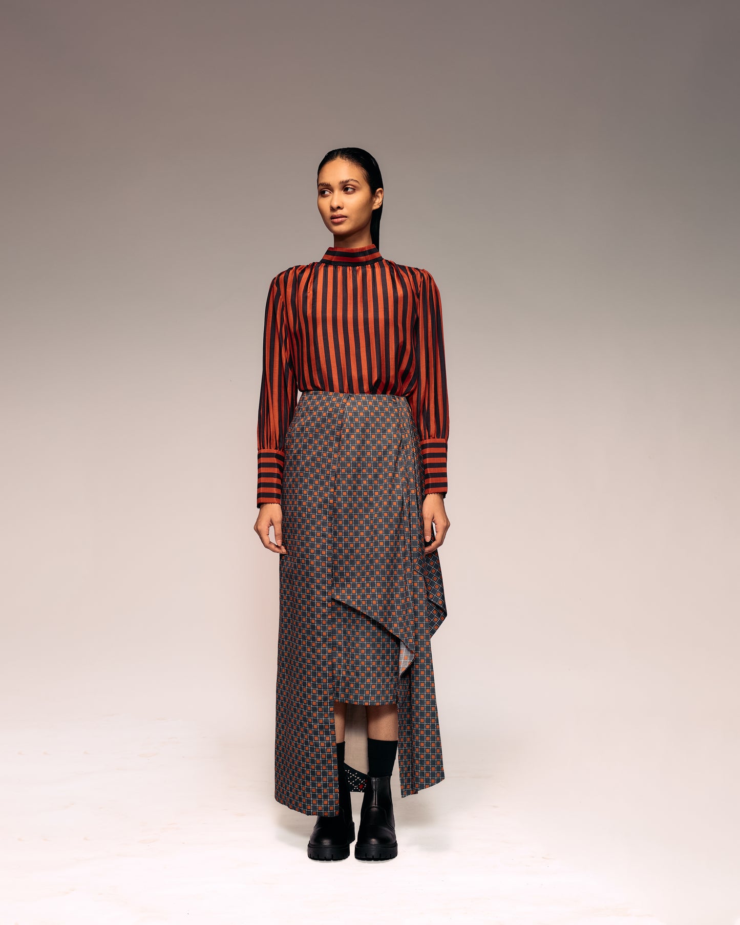 Rust Black Check Drape Skirt