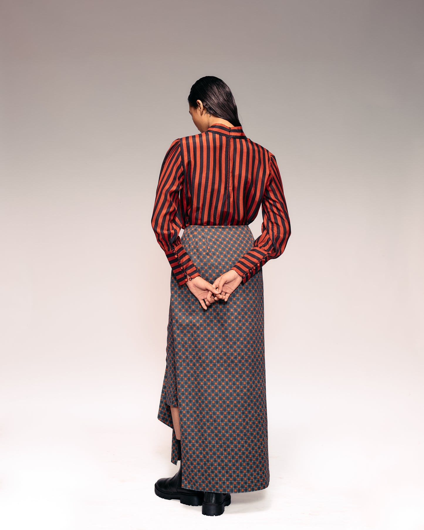 Rust Black Check Drape Skirt